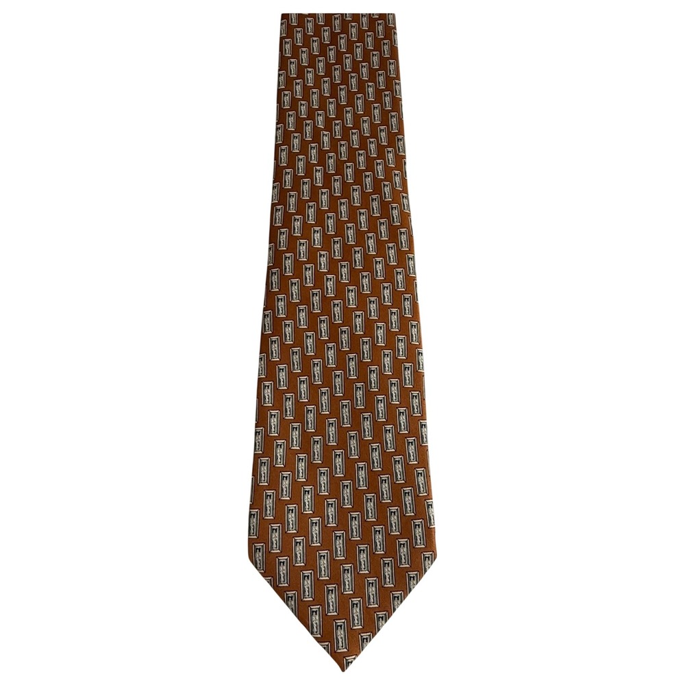 Brioni Necktie Men 3.75" Orange Excellent Vintage 90s Geometric Silk Italy